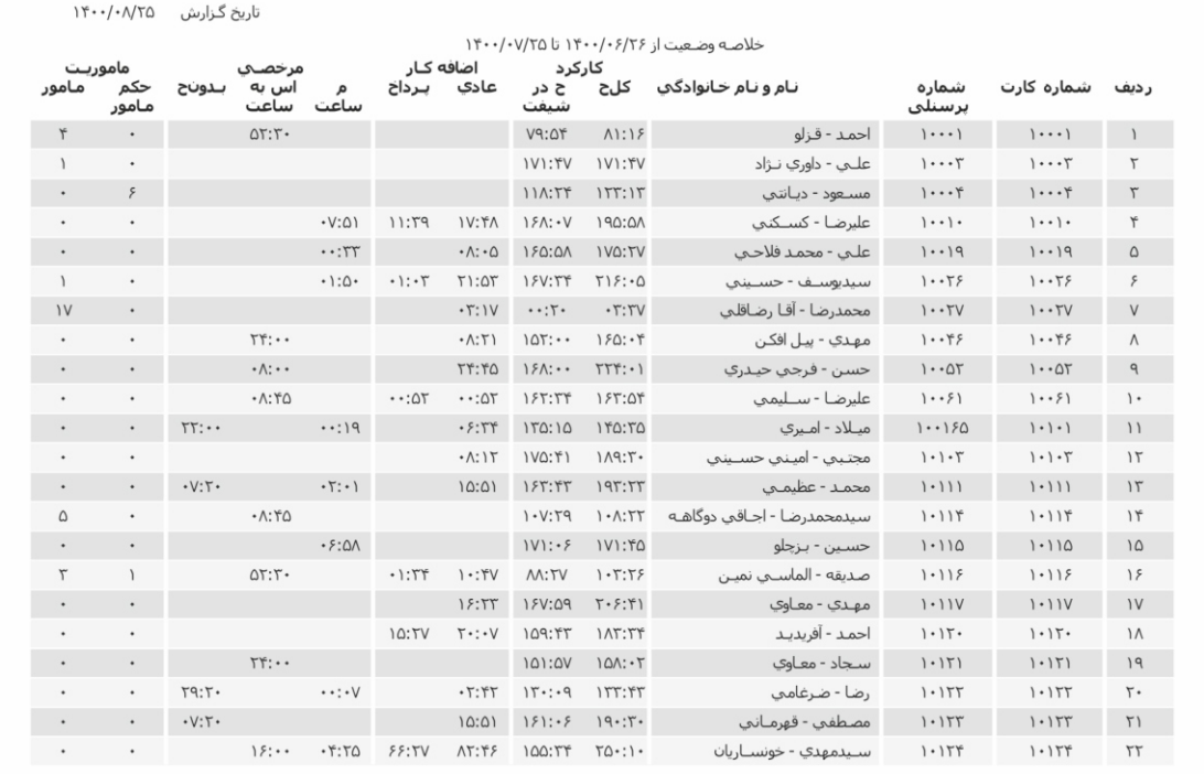 نمونه - نرم افزار PW KARA  - گزارش خلاصه وضعیت